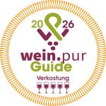 Wein.pur Guide Verkostung badge with green ribbon motif, orange border, and five wine glasses at the bottom.