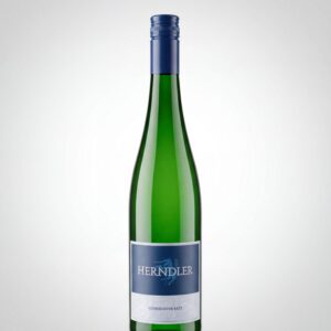 Tall green wine bottle with a blue foil cap, centered against a light gradient background. The label is blue with white text.