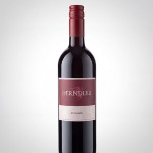 Full bottle of red wine with a maroon capsule and pink label reading 'HERNDLER' and 'ROTBURGER' against a light gradient background.