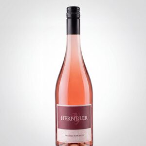 Rosé wine bottle with a black screw cap, pink liquid visible through the glass and a maroon label that reads 'HENDLER' (ZWEIGELT ROSÉ SECCO).
