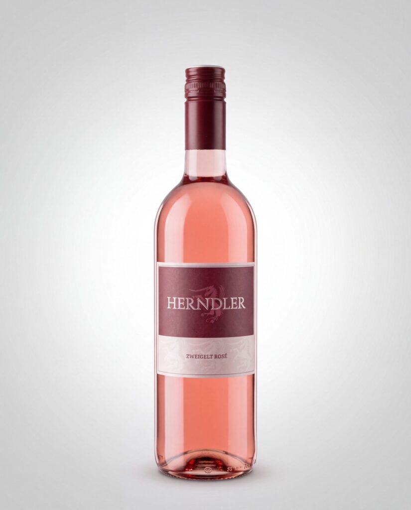Zweigelt Rose Weingut Herndler - Weingut Herndler Shop Pink rosé wine bottle standing upright with a burgundy label that reads Herndler Zweigelt Rosé against a light gray gradient background, front view.